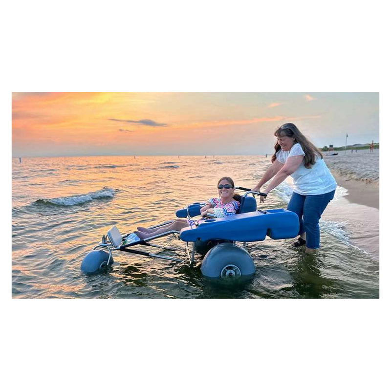 DeBug EZ Roller Floating Beach Wheelchair – in the surf at sunset