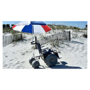 DeBug Fixed Leg Rest Beach Wheelchair – on the beach with the optional umbrella