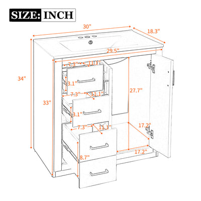 30 Inch Bathroom Vanity with Ceramic Sink Combo, Solid Wood Frame Bathroom Storage Cabinet, Freestanding Vanity Set with 3 Drawers and Soft Closing Doors, Green