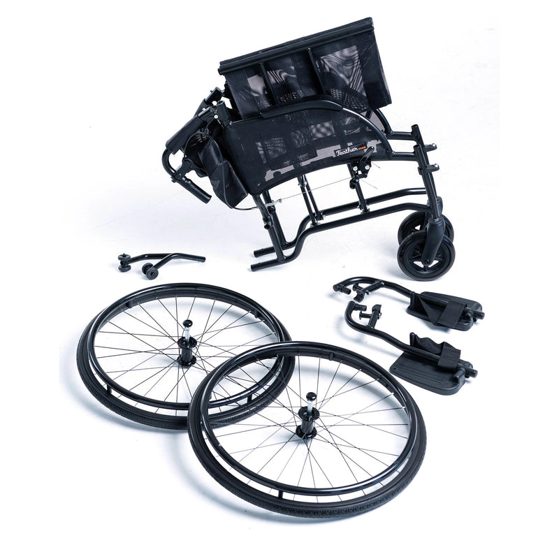 Feather Chair HD 350 wheelchair – quick-release wheels and footrests removed