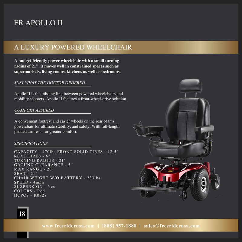 FreeRider Apollo II power wheelchair – range booklet page with specifications