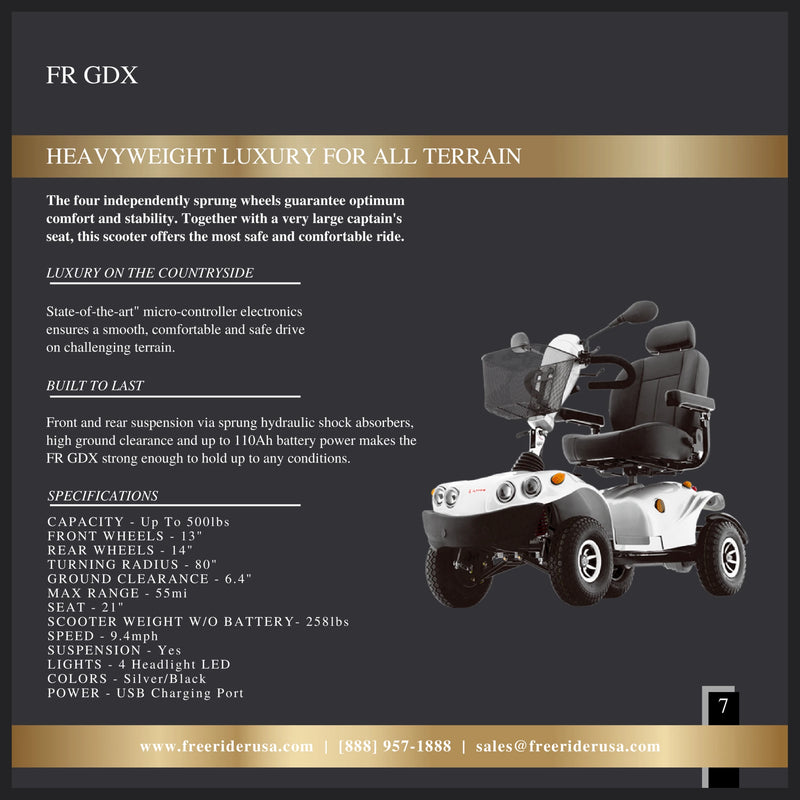 FreeRider FR GDX mobility scooter – range booklet page with specifications