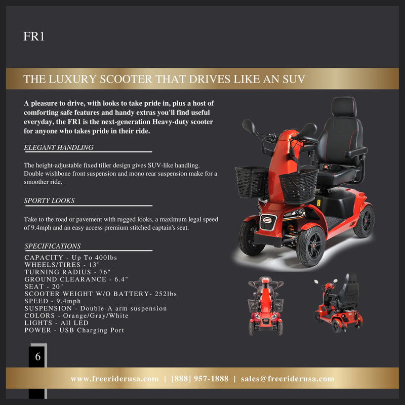FreeRider FR1 Terrain mobility scooter – range booklet page with specifications