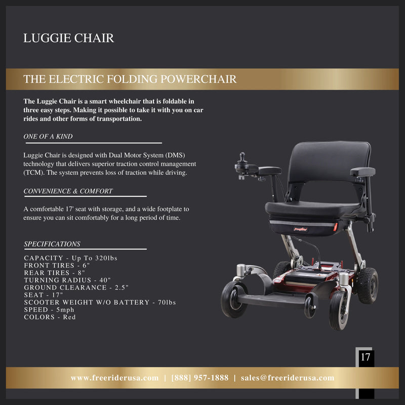 FreeRider Luggie Chair folding power wheelchair – range booklet page with specifications