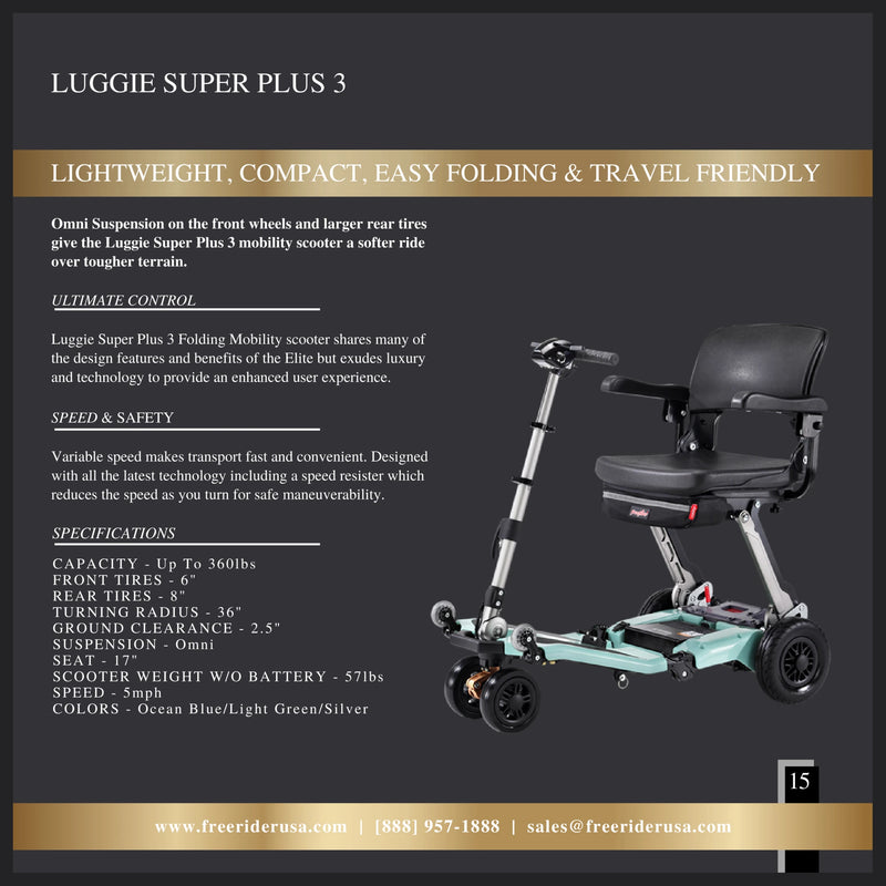FreeRider Luggie Super Plus 3 mobility scooter – range booklet page with specifications