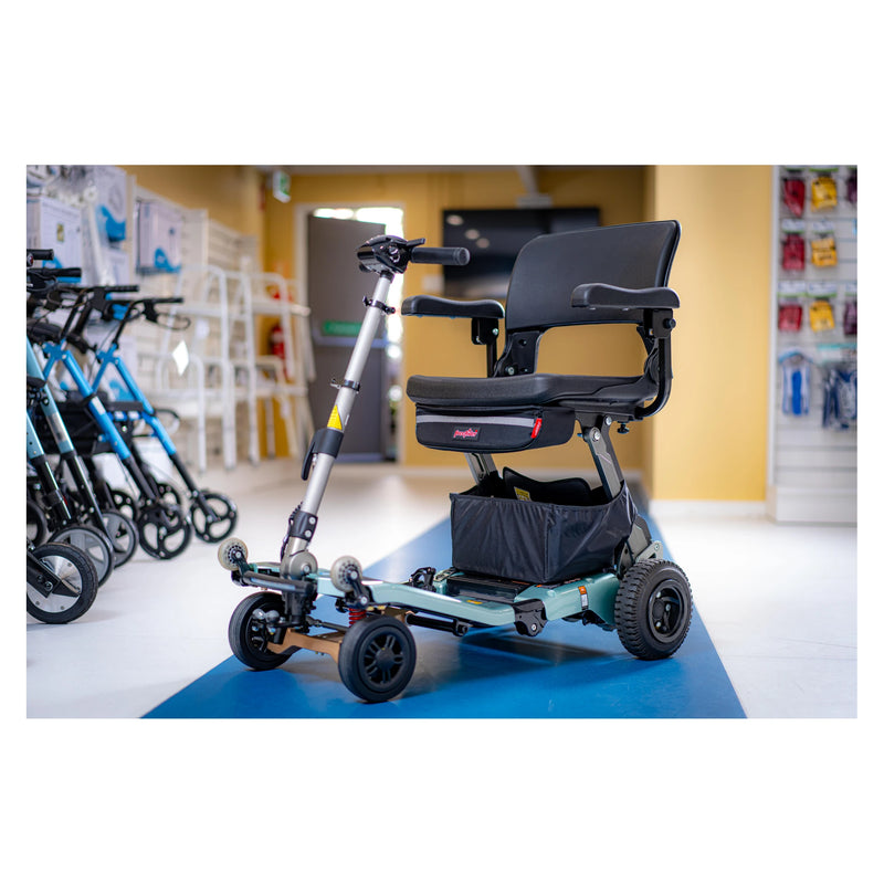 FreeRider Luggie Super Plus 4 mobility scooter – four-wheel platform, in a showroom
