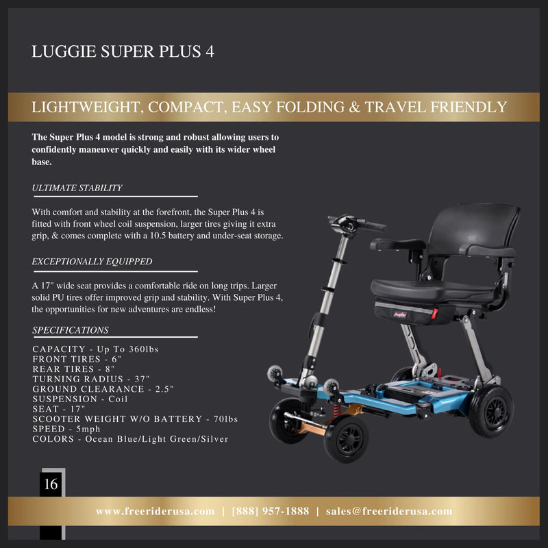 FreeRider Luggie Super Plus 4 mobility scooter – range booklet page with specifications