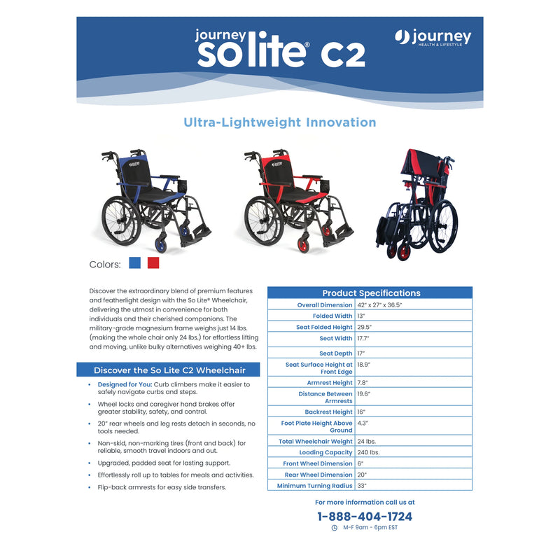 Journey So Lite C2 wheelchair – sell sheet with specifications
