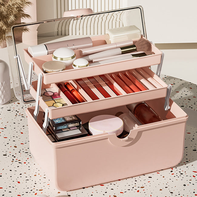 kosheko High Capacity Transparent Makeup Box, Portable Desktop Cosmetic Storage, Lightweight Plastic Makeup Organizer, Multifunctional Beauty Accessory Case. pink
