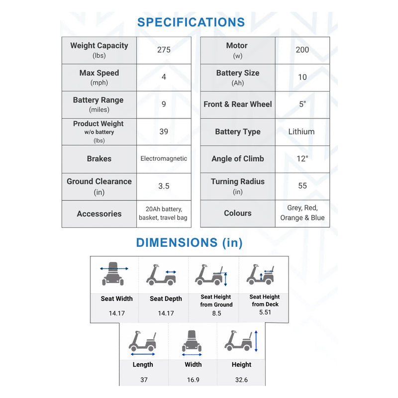 Monarch Mobility Genie Auto mobility scooter – specifications and dimensions