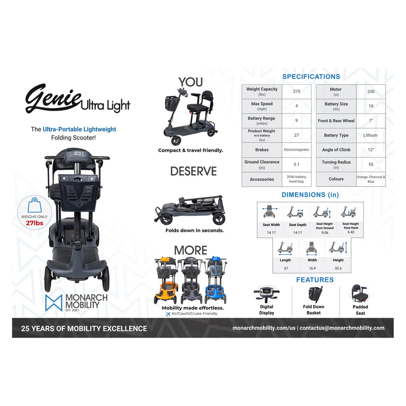 Monarch Mobility Genie Ultralight mobility scooter – US sell sheet