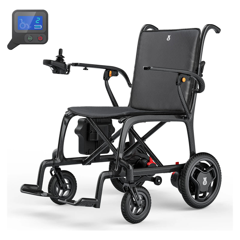 Paiseec Q5 Carbon Fibre Folding Electric Wheelchair – shown with the optional Bluetooth handheld remote