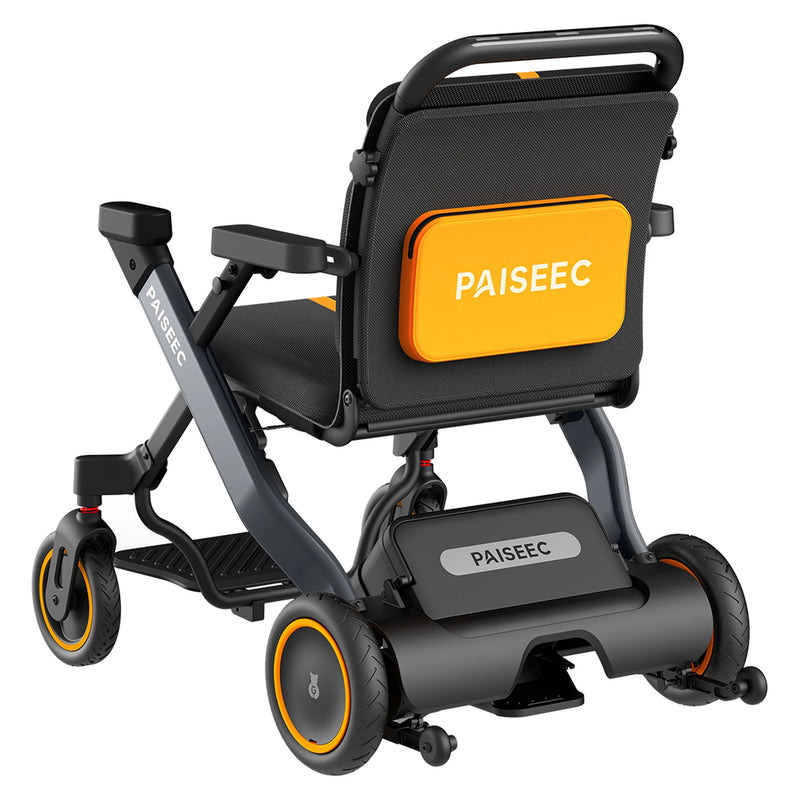 Paiseec W1 2-in-1 Folding Electric Wheelchair & Walking Aid – Gray, rear three-quarter