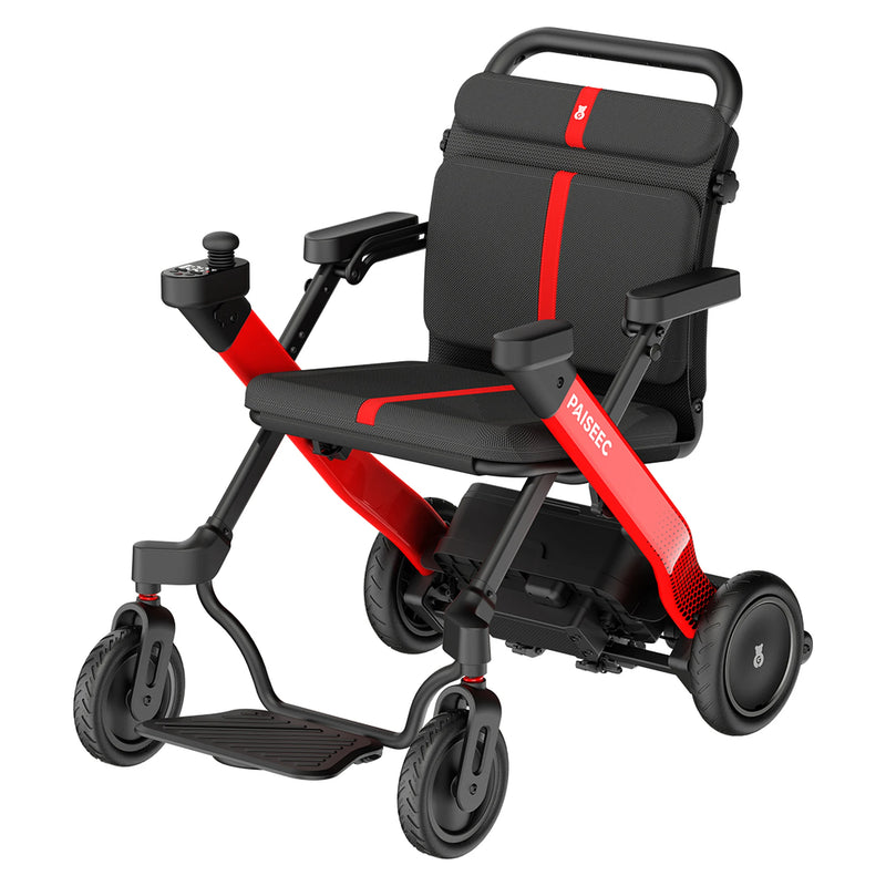 Paiseec W1 2-in-1 Folding Electric Wheelchair & Walking Aid – Red, three-quarter view