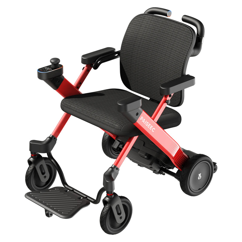 Paiseec W3 3-in-1 Electric Wheelchair, Power-Assist Rollator & Transport Chair – Red, low angle