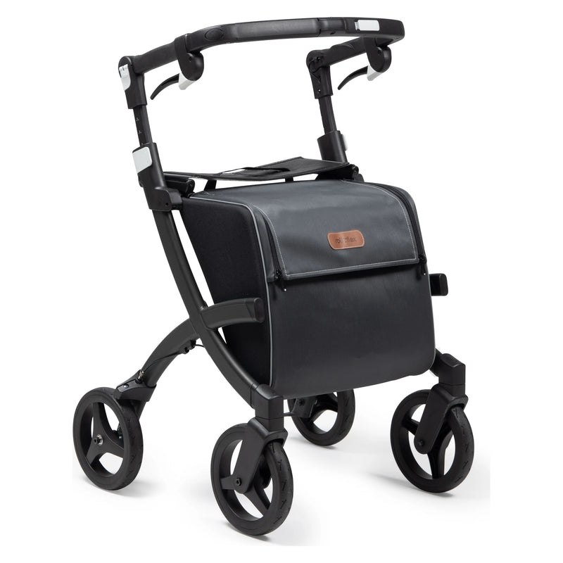 Rollz Flex2 Folding Rollator with Shopping Bag – Matt Black with the shopping bag fitted