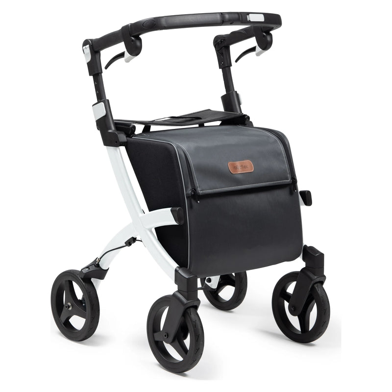 Rollz Flex2 Folding Rollator with Shopping Bag – Pebble White with the shopping bag fitted