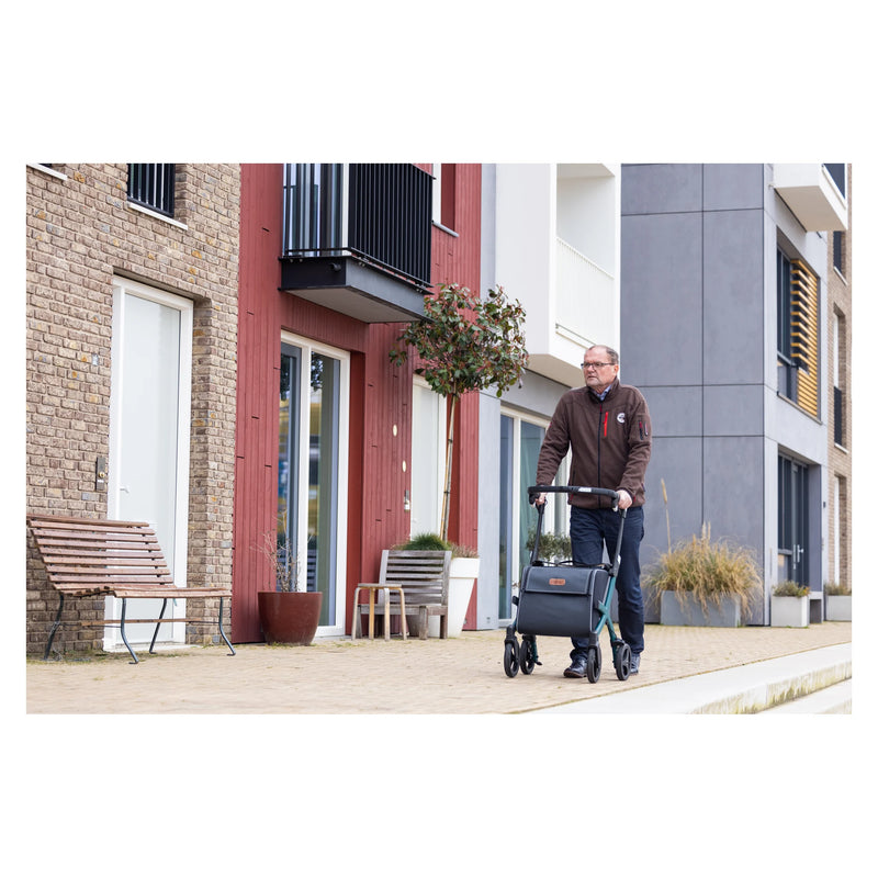Rollz Flex2 Folding Rollator with Shopping Bag – seat in use