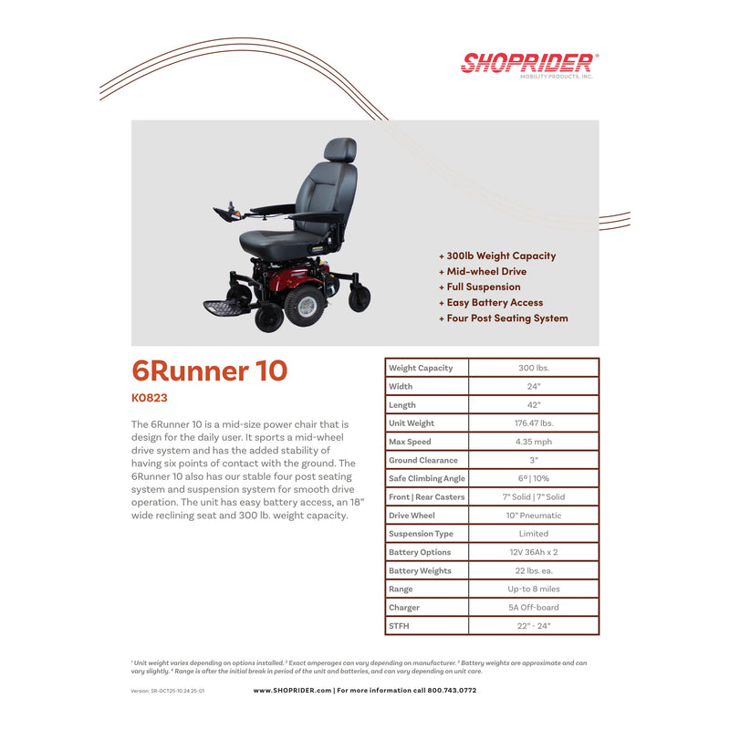 Shoprider 6Runner 10 power wheelchair – specification sheet