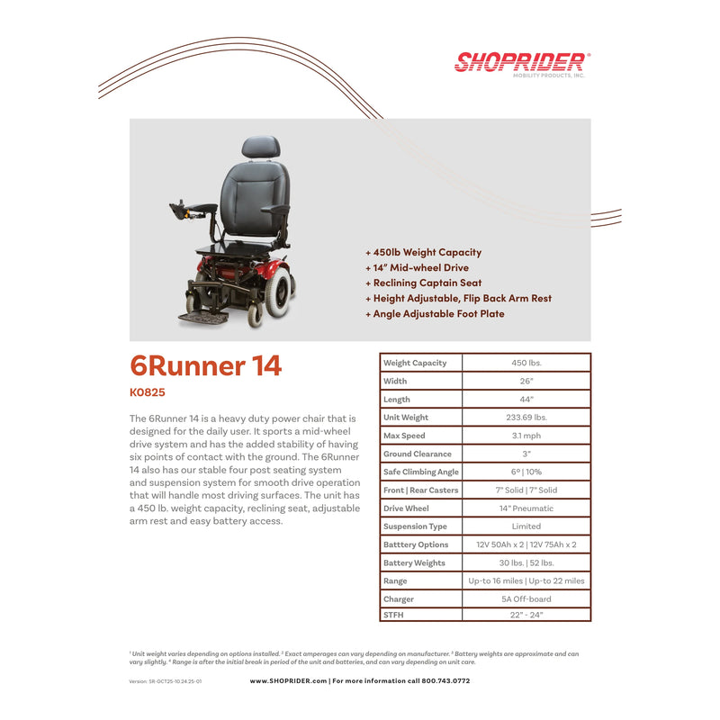 Shoprider 6Runner 14 power wheelchair – specification sheet