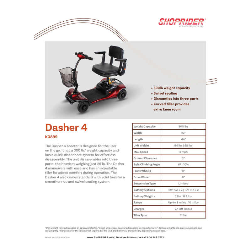 Shoprider Dasher 4 mobility scooter – specification sheet