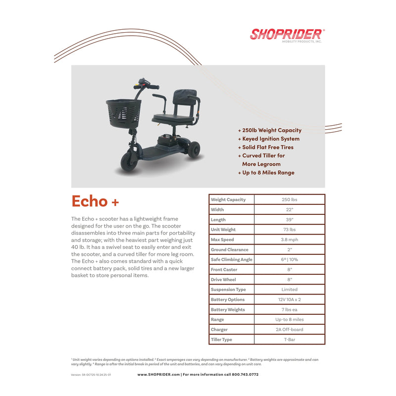 Shoprider Echo+ mobility scooter – specification sheet