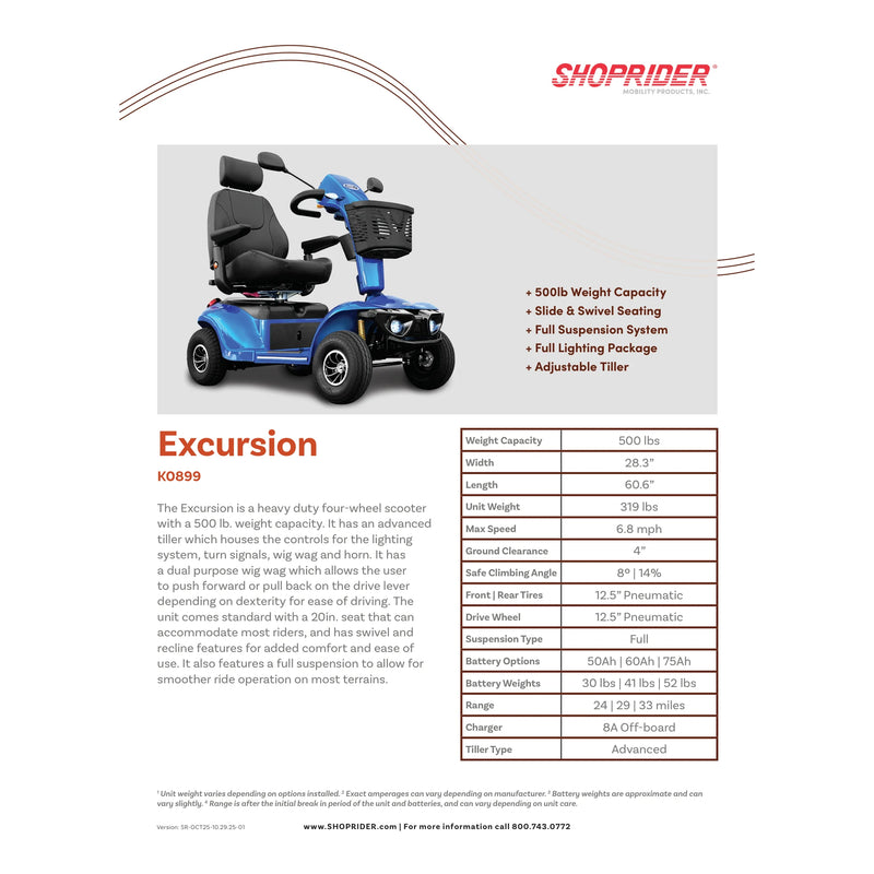 Shoprider Excursion mobility scooter – specification sheet