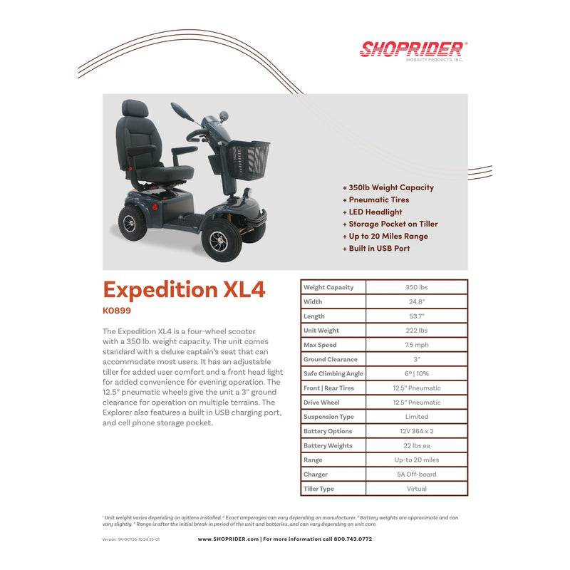 Shoprider Expedition XL4 mobility scooter – specification sheet