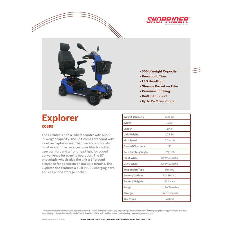 Shoprider Explorer mobility scooter – specification sheet