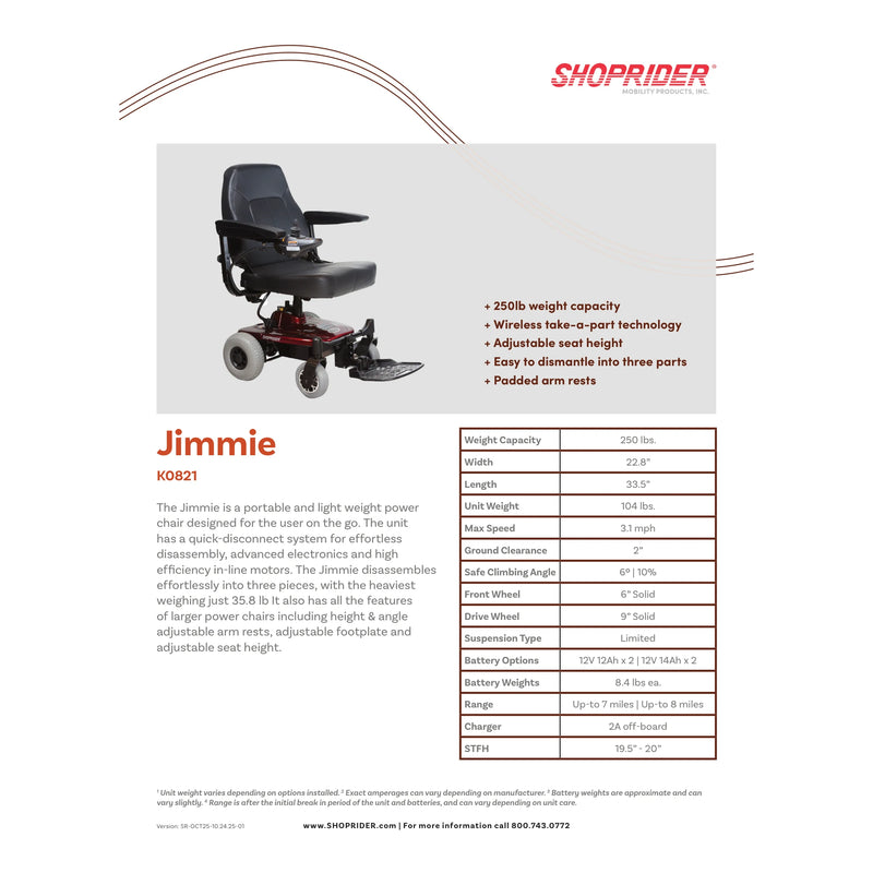 Shoprider Jimmie power wheelchair – specification sheet