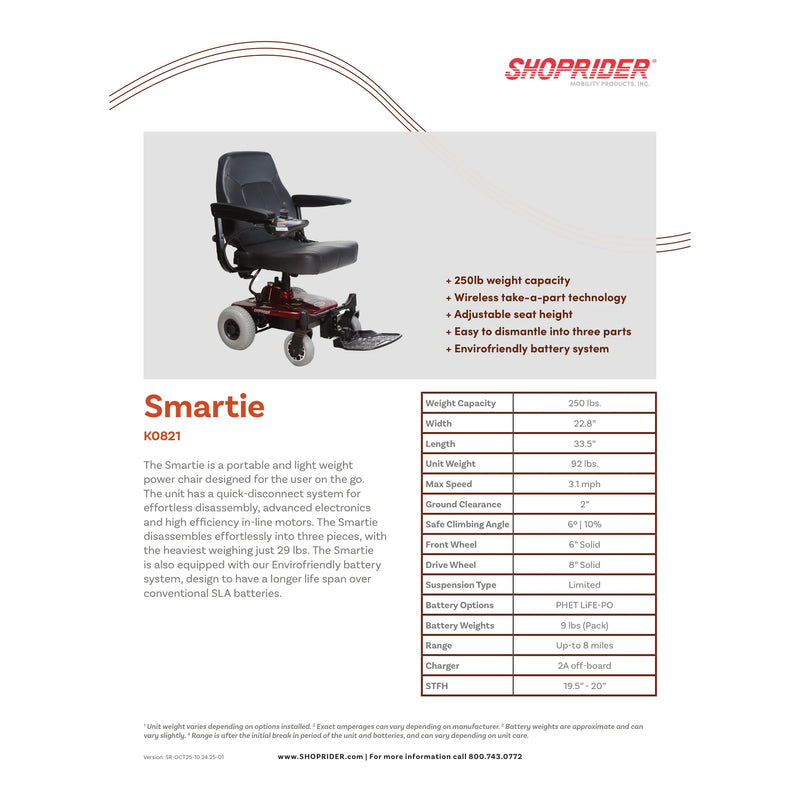 Shoprider Smartie power wheelchair – specification sheet