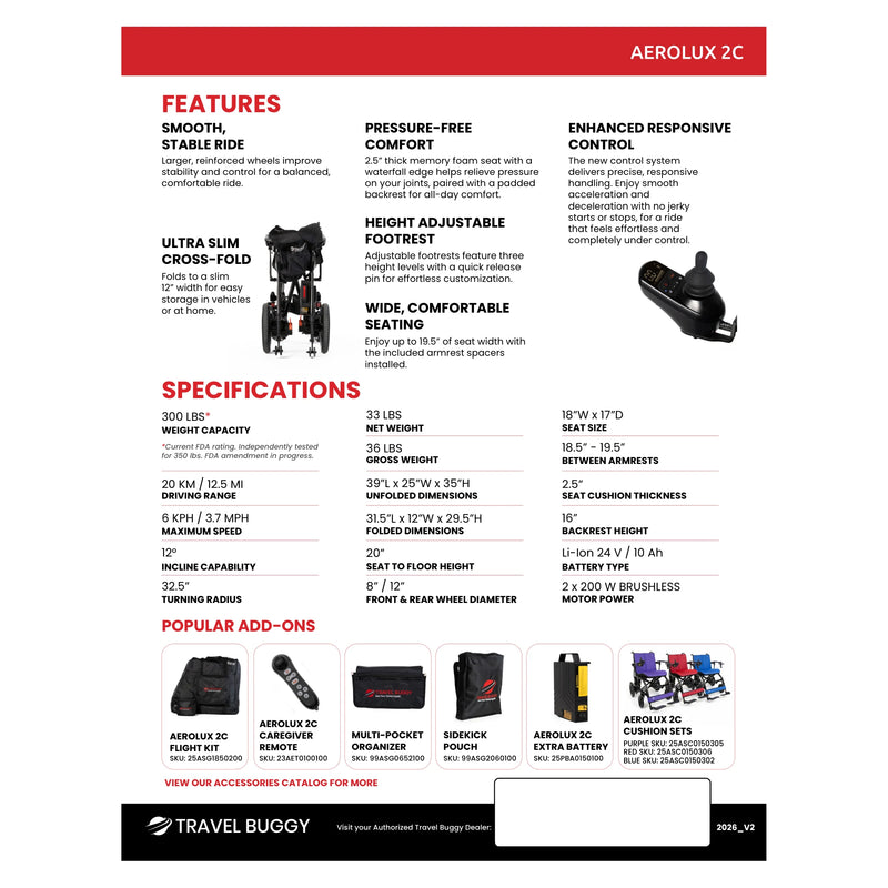Travel Buggy AEROLUX 2C power wheelchair – brochure specifications page