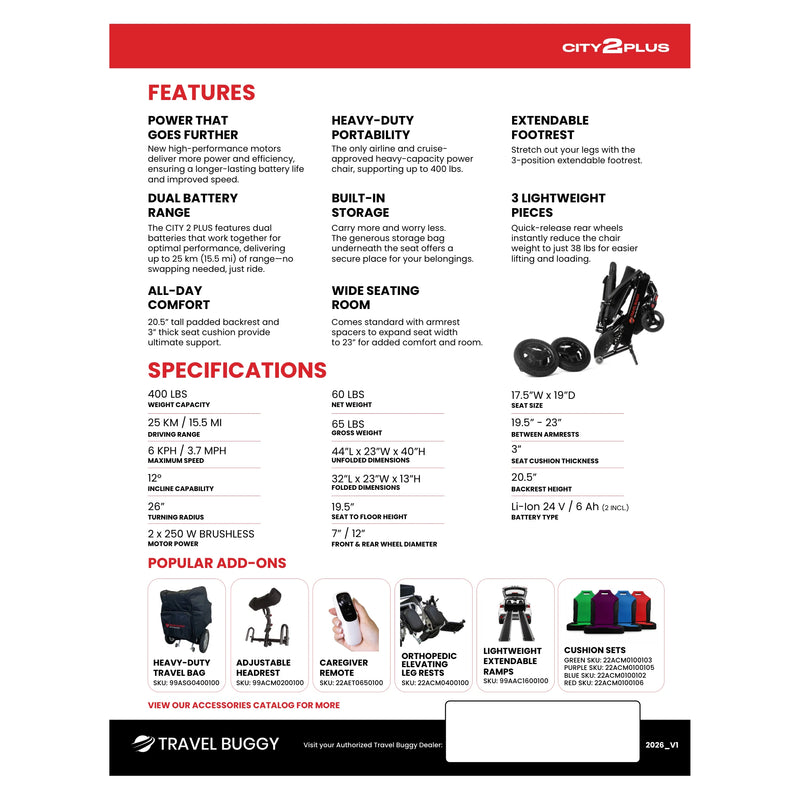 Travel Buggy CITY 2 PLUS power wheelchair – brochure specifications page