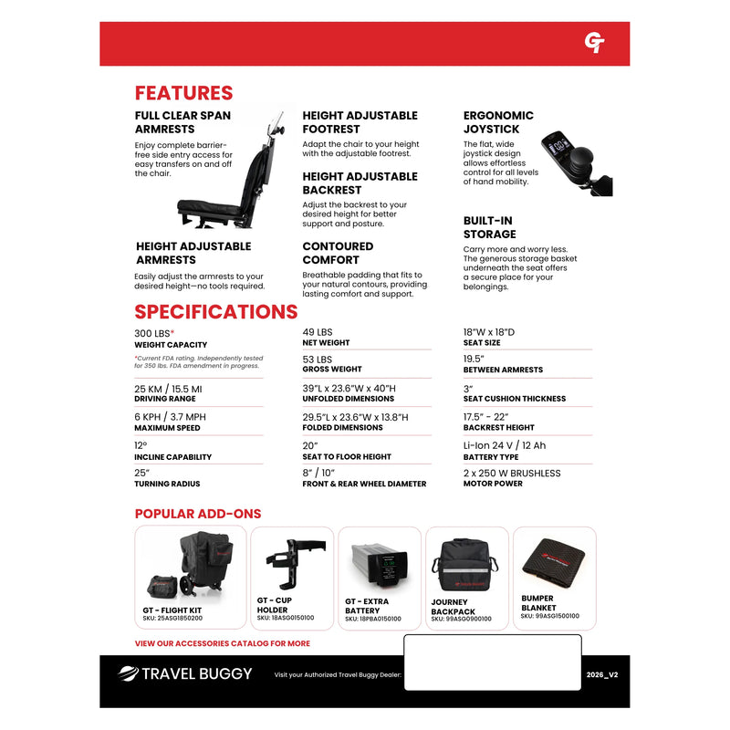 Travel Buggy Grand Tourer power wheelchair – brochure specifications page