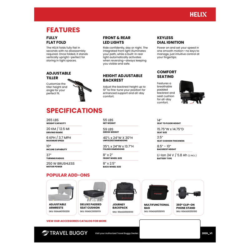Travel Buggy Helix folding scooter – brochure specifications page