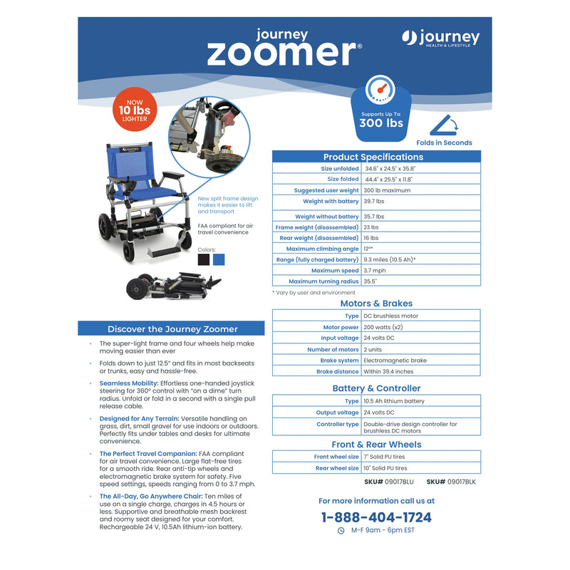 Journey Zoomer power chair – sell sheet with specifications